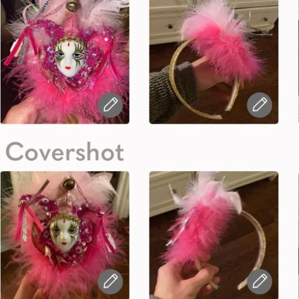 Mardi Gras mask pink feather headband with gold glitter think band headpiece​